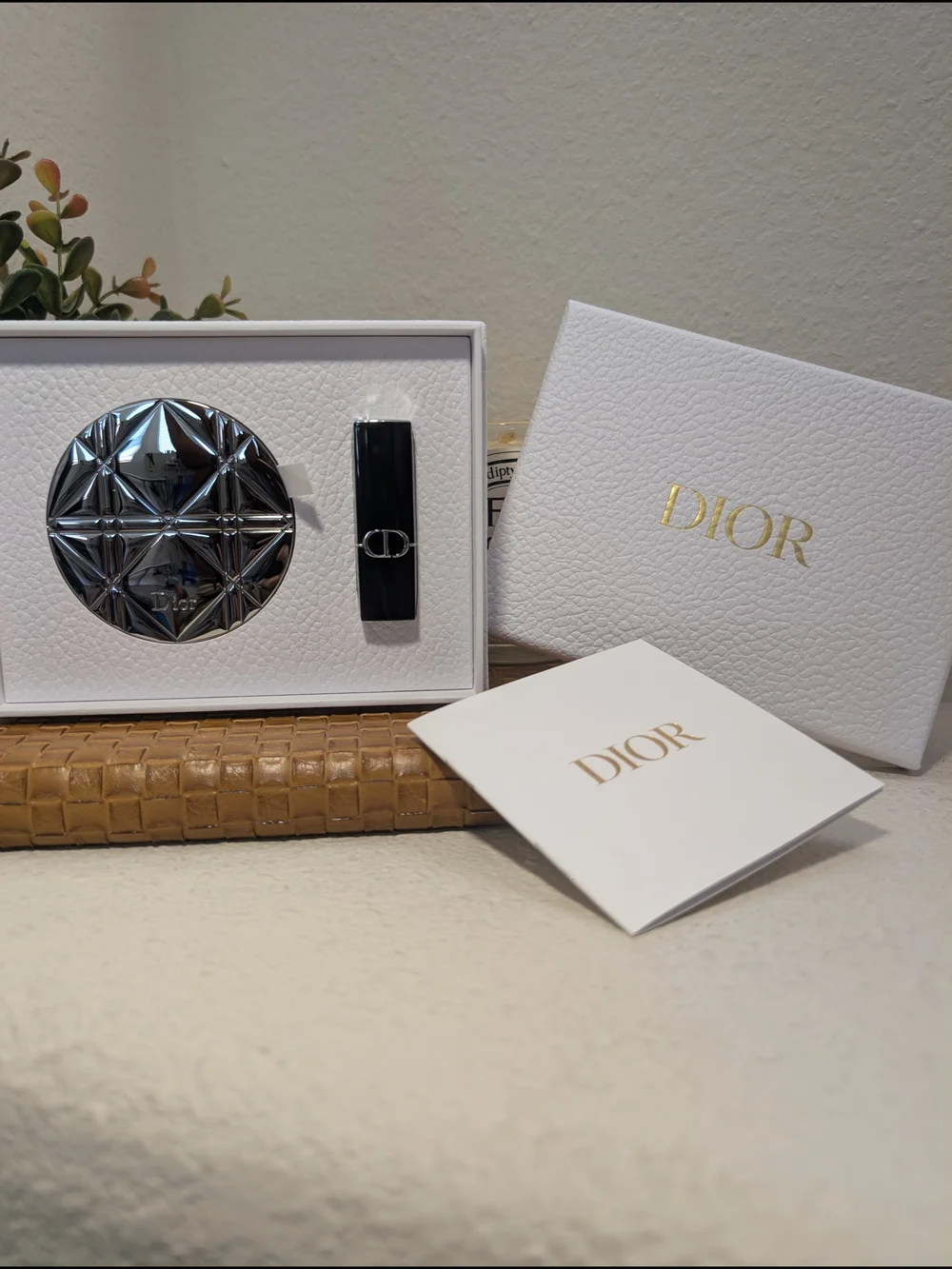 Dior Silver Cannage Pocket Mirror & Mini Rouge Dior Lipstick GWP